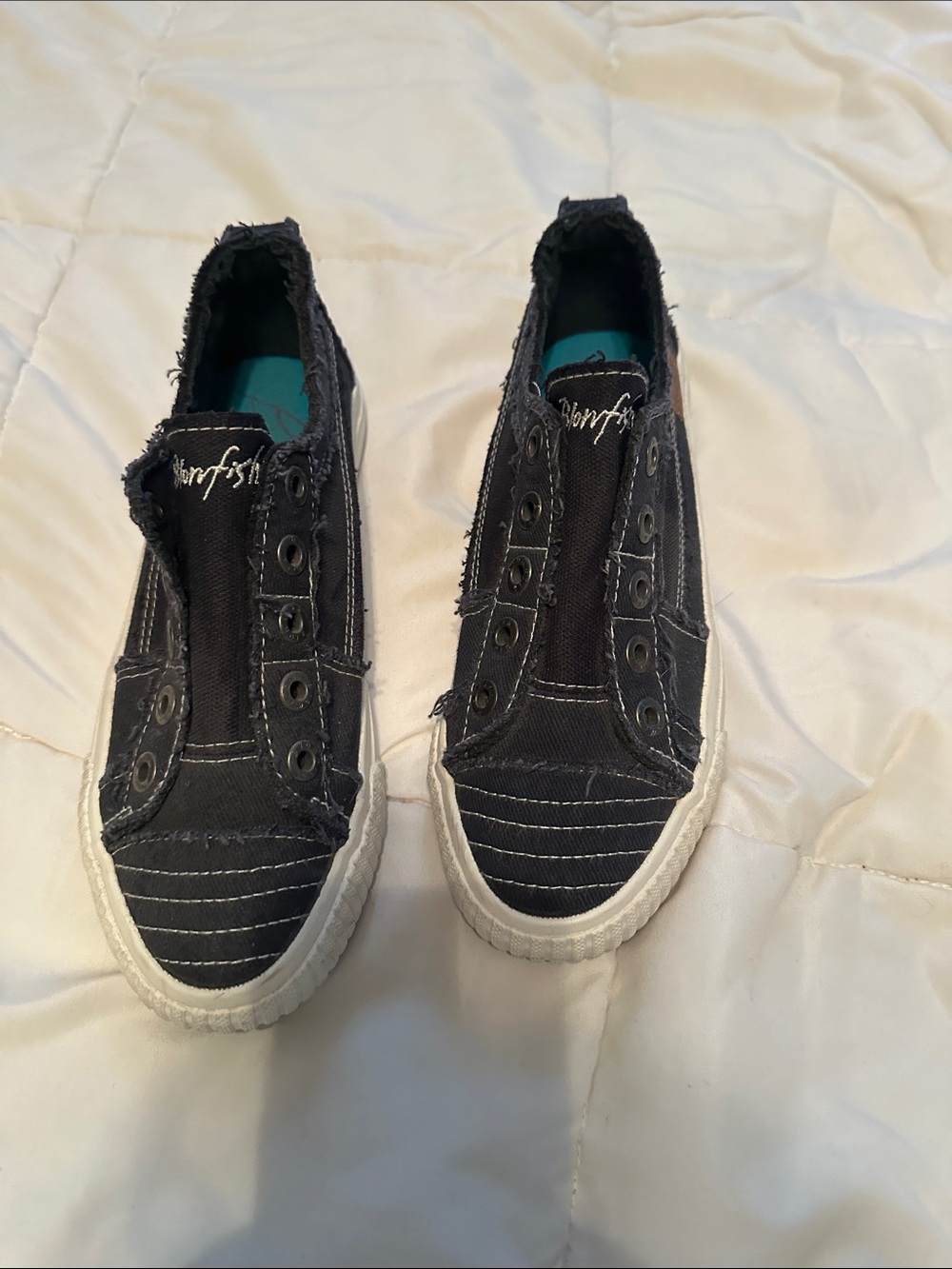 Comfortable slip on blue Malibu distressed Jean material sneakers denim blue